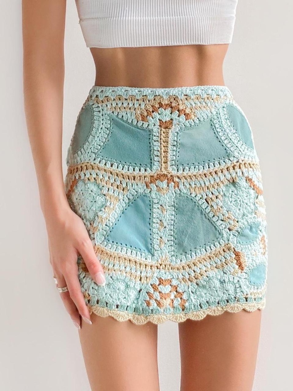 Free People Mint and Cream Crochet Mini Skirt — Genuine Leather